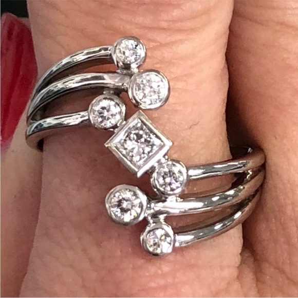 14k White Gold Genuine Diamond Knuckle Ring ~ Art Deco / Retro Cocktail Ring - Picture 8 of 11